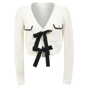 Self-Portrait Bow-Embellished Cardigan in White Wool